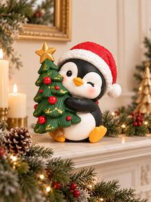 1pc Christmas Penguin Figurines, Cute Sitting Penguins In Red Santa Hats With Wreath, Tree & Gift Box Details, Festive Tabletop Decorations For Mantel, Shelf & Living Room, Holiday Gift For Penguin Lovers - 1PC - View 10