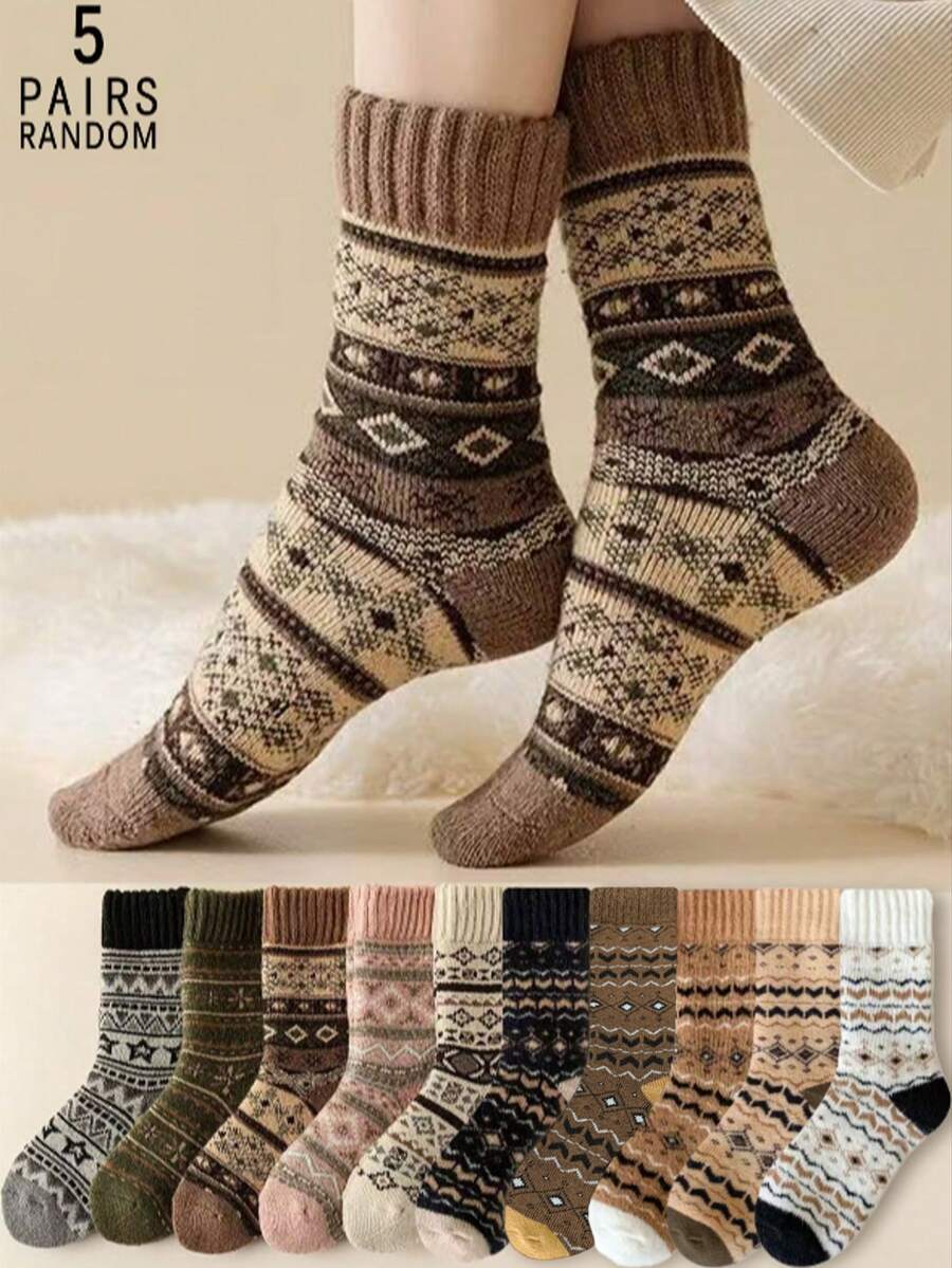 5 Pairs Random Women's Autumn/Winter Thickened Fleece Terry Retro Comfortable Warm Mid-Calf Socks - Multicolor - View 1