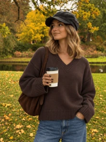 Women's Round Neck Drop Shoulder Knit Sweater, Loose Fit Solid Color Basic Pullover Top, Vintage Style, Suitable For Commute, Campus And Daily Occasions - Coffee Brown - View 1