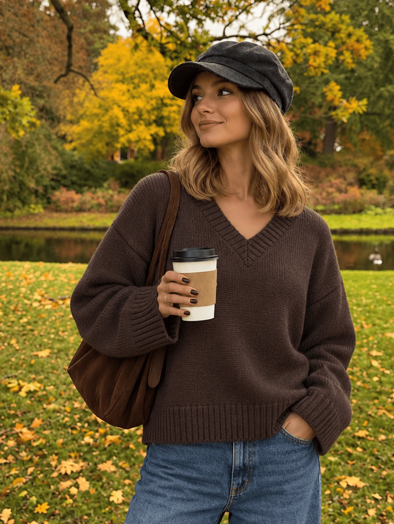 Women's Round Neck Drop Shoulder Knit Sweater, Loose Fit Solid Color Basic Pullover Top, Vintage Style, Suitable For Commute, Campus And Daily Occasions - Coffee Brown - View 1