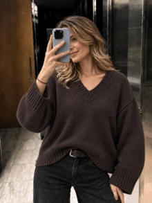 Women's Round Neck Drop Shoulder Knit Sweater, Loose Fit Solid Color Basic Pullover Top, Vintage Style, Suitable For Commute, Campus And Daily Occasions - Coffee Brown - View 3