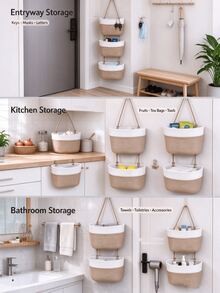 1pc 3-Tier Wall-Mounted Woven Storage Basket, Cotton Rope Wall Hanging Organizer, Multi-Functional Hanging Storage Bin, Suitable For Kitchen, Bathroom, Bedroom Clutter Storage - Multicolor - View 6