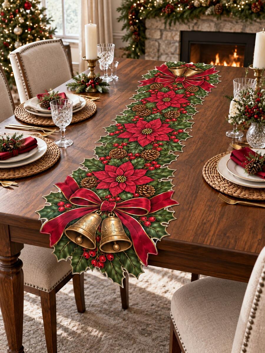 Christmas Poinsettia Pine Cone Holly Shaped Table Runner Series, Red ...