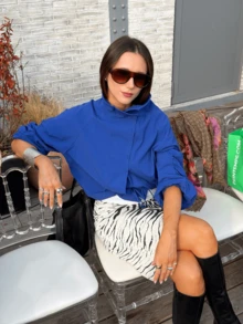 Women's Fashion Blue Polyester Loose Regular Fit Long Sleeve Pleated High Neck Jacket, Non-Stretch Fabric - Blue - View 10