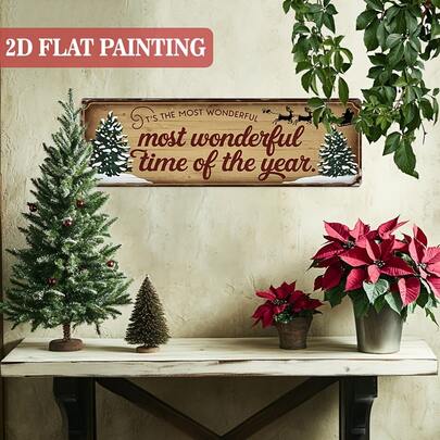 2D Flat Printed 1pc Vintage Christmas Theme Decorative Sign "The Best Time Of The Year" Metal Hanging Plaque - Farmhouse Style Art Decor Board, Suitable For Home Kitchen, Cafe, Bar, Garage Hanging Decoration - Perfect Christmas Gift For Friends,