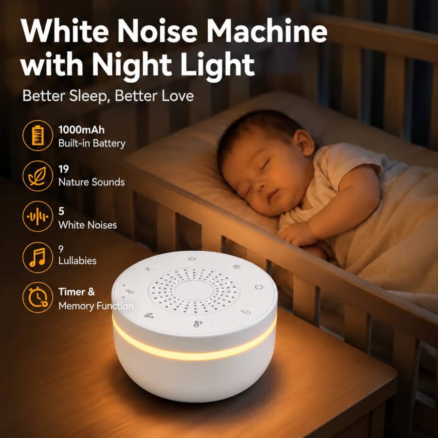 White Noise Machine With 30 Soothing Sounds Adjustable Volume & 3 Timer Modes 1000mAh Rechargeable Battery Rain & Ocean Waves Portable Sleep Gift For Women Men - Round - View 1