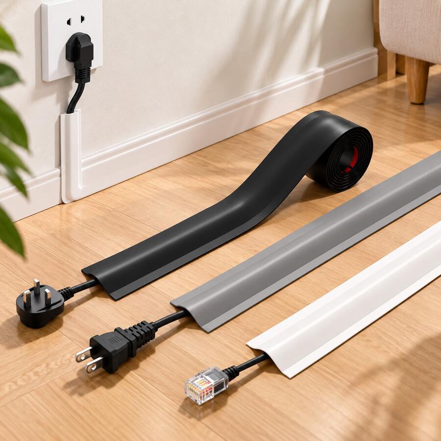 A Roll Of Self-Adhesive Floor Cable Protector, Designed To Manage Power Cords, With A White Base Cover To Prevent Cables From Tangling On Floors, Walls, And Desks - A - View 1