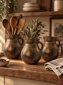 1pc Vintage Tuscan Inspired Resin Pitcher Vase, Dark Bronze Look Rustic Jug With Single Handle And Aged Textured Surface, Decorative Tabletop Flower Holder For Olive Branches, Dried Flowers, Kitchen Counter, Shelf And Dining Room - A - View 4