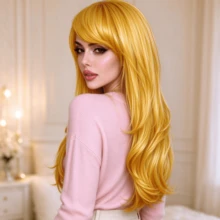 Women's 28 Inch Elegant Yellow Long Curly Wig - Suitable For Daily Wear - Holiday - Anime Cosplay - Adjustable Mesh Cap - Comfortable And Breathable - Showcases Elegant And Romantic Charm - Yellow - View 7