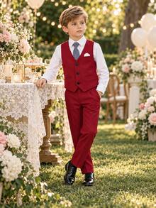 New Boys' Suit Set, Flower Boy Wedding Outfit, British Style Boys' Formal Suit 3 Pieces Set With Vest, Pants And Tie - Red - View 3