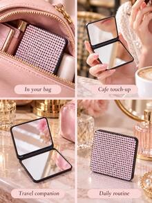 1pc Rhinestone Compact Makeup Mirror, Portable Double Sided Folding Hand Mirror, Pocket Size Travel Cosmetic Mirror For Women - Multicolor - View 7
