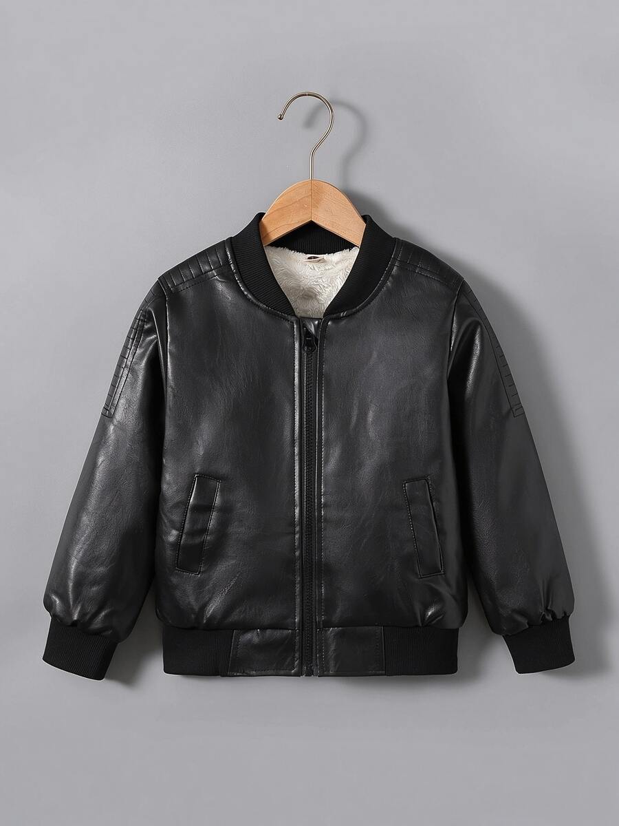 Tween Boy Fashionable & Versatile Motorcycle Style PU Leather Jacket, Boys Warm Thermal Lined Long Sleeve PU Coat For Autumn/Winter