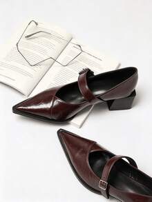 Women's Pointed Toe Chunky High Heel Mary Jane Shoes, Ruched Faux Leather Buckle Dress Shoes - Brown - View 3