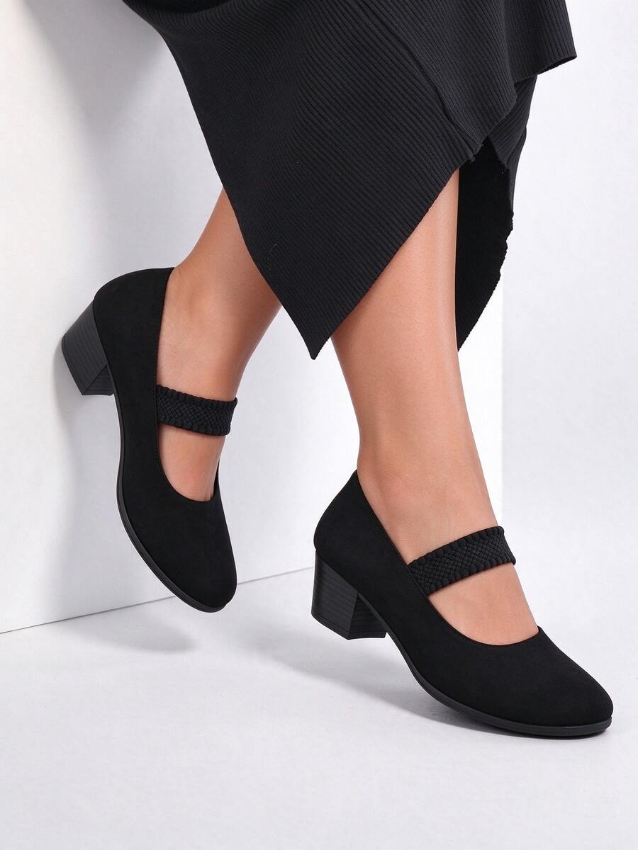 Sepatu Hak Tinggi Wanita Ukuran Plus Versi Lebar, Tali Tunggal Nyaman, Bagian Depan Rendah, Sol Lembut, Hak Sedang Tebal, Model Slip-On