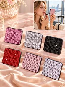 1pc Rhinestone Compact Makeup Mirror, Portable Double Sided Folding Hand Mirror, Pocket Size Travel Cosmetic Mirror For Women - Multicolor - View 1