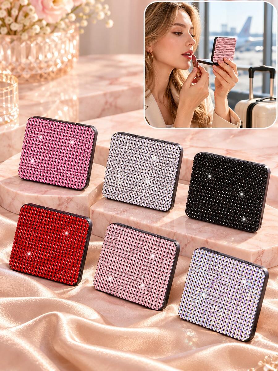 1pc Rhinestone Compact Makeup Mirror, Portable Double Sided Folding Hand Mirror, Pocket Size Travel Cosmetic Mirror For Women - Multicolor - View 1