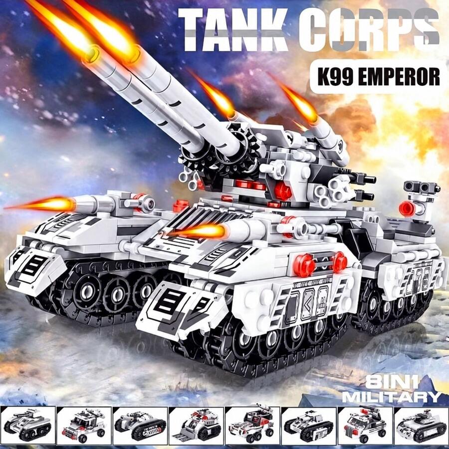 Bộ mô hình lắp ráp xe tăng quân sự 8-trong-1 độ khó cao 1628 chi tiết/bộ - Bộ khối xây dựng DIY, phù hợp cho người lớn, mô hình lắp ráp phức tạp, đồ chơi giáo dục STEM, bộ xe quân sự "8-trong-1" có thể kết hợp tự do; vừa là đồ trang trí nhà tinh tế vừa là quà tặng ngày lễ lý tưởng; món đồ chơi lắp ráp cao cấp này không chỉ mang tính giáo dục mà còn hoàn hảo cho những người đam mê mô hình quân sự, người yêu thích giải đố và người hâm mộ mô hình kiến trúc sáng tạo.