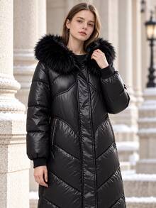 Women's Casual Hooded Down Jacket With Pockets And Zipper, Long Sleeves, Black, Solid Color, Short Warm Winter Jacket - Black - View 6
