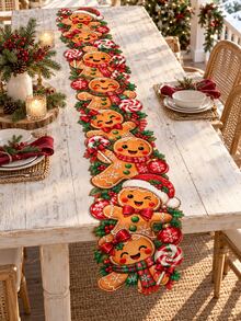 Christmas Gingerbread Man Shaped Table Runner, Cartoon Gingerbread Man Connected Design, Candy Cane, Bow And Holly Print, 90x35cm/180*35cm/275*35cm Optional, Suitable For Dining Table, Coffee Table, Sideboard And Christmas Party Home Decor - A - View 9