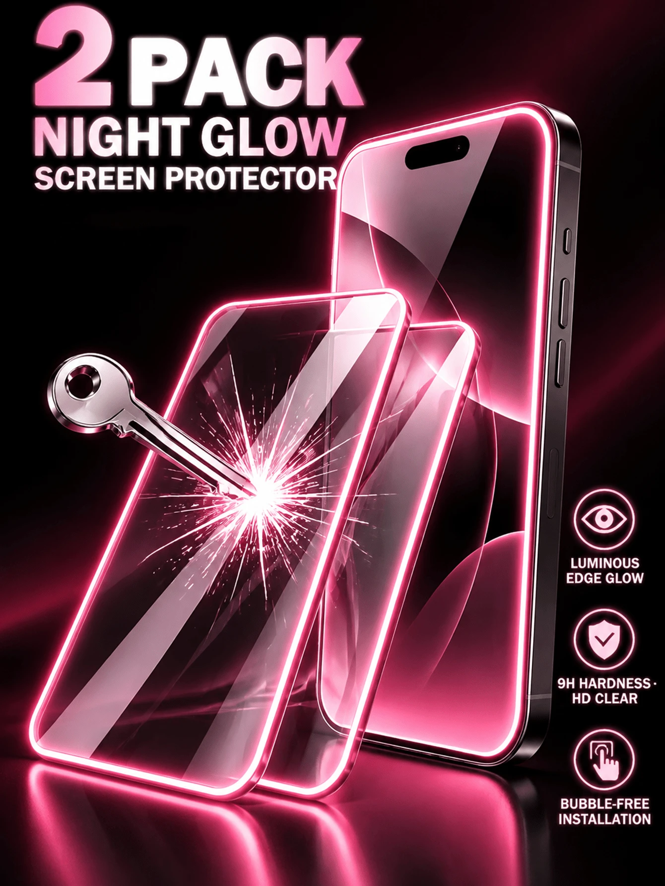 MSRI 2pcs Pink Glow-In-The-Dark Tempered Glass Screen Protector, High Definition & High Transparency, Restores Original Color, High Hardness, Anti-Scratch, Anti-Abrasion, Durable Against Daily Friction, Absorbs Drop Impact, Full Basic Protection, Glows At Night For Easy And Quick Phone Finding, No Case Interference, Compatible With IPhone Duo/18 Pro Max/18 Pro/18/17e/17 Pro Max/17 Pro/17 Air/17/16 Pro Max/16 Pro/16 Plus/16/15 Pro Max/15/14/13/12 And Other Models - Pink - View 1