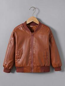 Fashionable & Versatile Tween Boy Motorcycle Style PU Leather Jacket Boys Warm Thermal Lined Long Sleeve Windbreaker, Autumn/Winter - Brown - View 2
