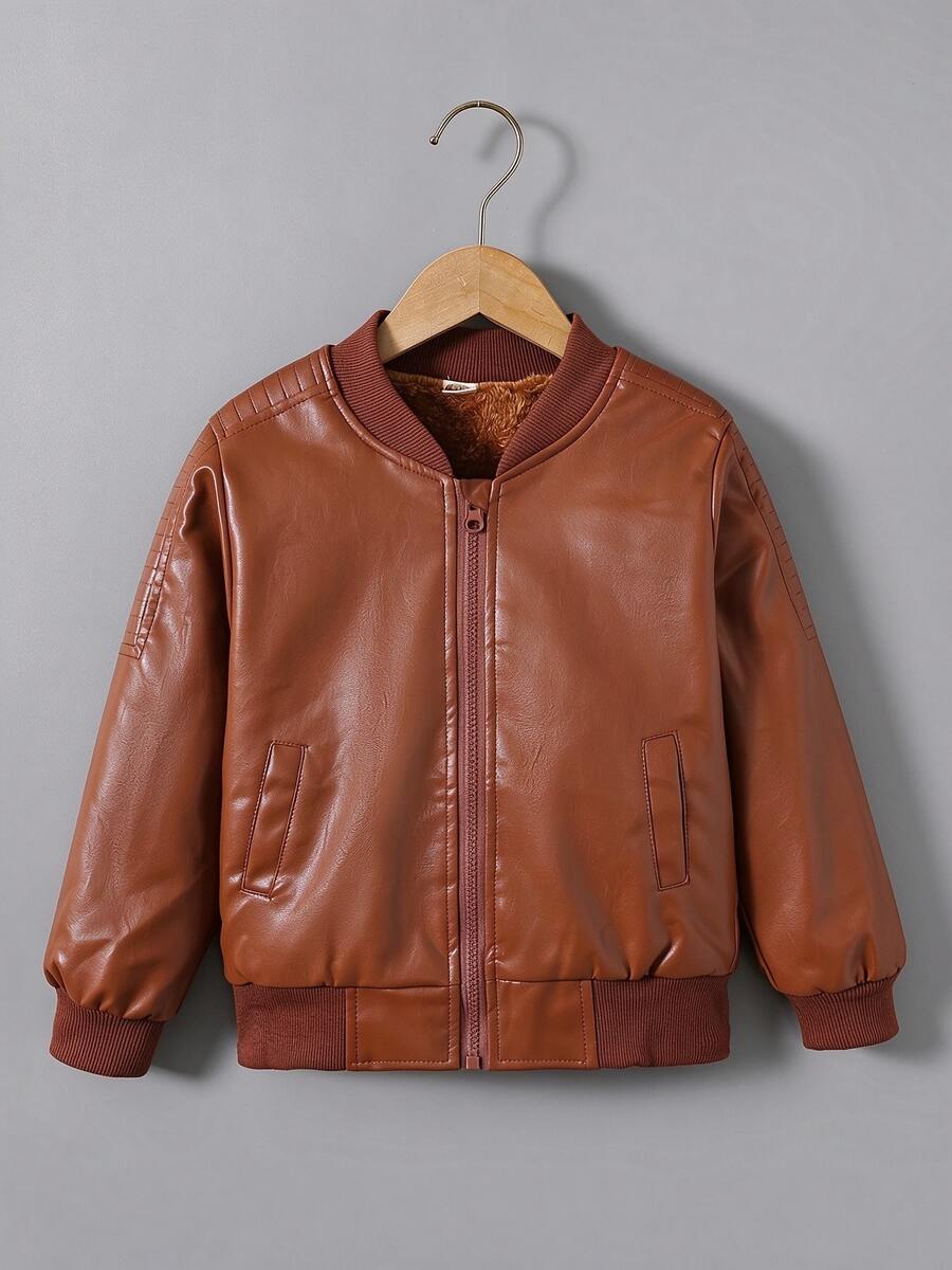 Fashionable & Versatile Tween Boy Motorcycle Style PU Leather Jacket Boys Warm Thermal Lined Long Sleeve Windbreaker, Autumn/Winter