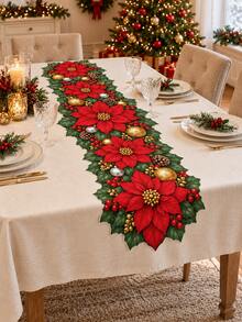 Christmas Poinsettia Pine Cone Holly Shaped Table Runner Series, Red ...