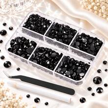 Boxed Black Tone Multi-Size Flat Back Rhinestones, Mixed Glass Rhinestones With Tweezers And Dotting Pen, Nail Art Rhinestones, Clothing, Bags, Phone Cases, Resin Crafts DIY Decoration Small Black Rhinestones - 6-compartment Black A27 Mixed Size Resin Rhinestones + Tweezers - View 4