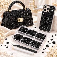 Boxed Black Tone Multi-Size Flat Back Rhinestones, Mixed Glass Rhinestones With Tweezers And Dotting Pen, Nail Art Rhinestones, Clothing, Bags, Phone Cases, Resin Crafts DIY Decoration Small Black Rhinestones - 6-compartment Black A27 Mixed Size Resin Rhinestones + Tweezers - View 7