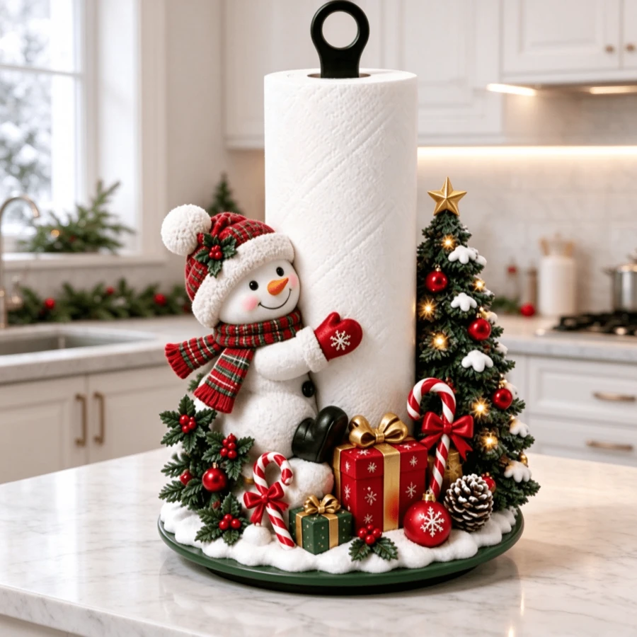 2D Flat Christmas Decor Kitchen Paper Towel Holder (No Power Light) - Desktop Paper Towel Holder (Combines Display And Storage Function), Fun Christmas Tree And Snowman - Multicolor - View 1