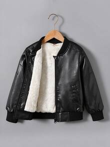 Tween Boy Fashionable & Versatile Motorcycle Style PU Leather Jacket, Boys Warm Thermal Lined Long Sleeve PU Coat For Autumn/Winter - Black - View 7