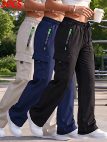 Women's Drawstring Elastic Waist Cargo Sweatpants, Straight Leg Multi-Pocket Fitness Jogging Long Pants - Black - View 7
