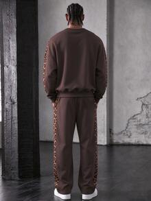 Men's Brown Leopard Print Side Stripe Crew Neck Sweatshirt & Casual Sports Long Pants Set - Multicolor - View 6