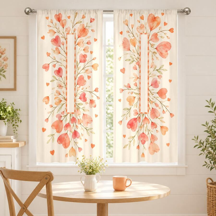 2pcs Warm Orange Heart Vine Pattern Printed Semi-Sheer Curtains, 90GSM Polyester Semi-Sheer Privacy Protection, Easy Installation, Quick Dry, Washable And Fade-Resistant, Lightweight Removable Curtains, Suitable For Home, Room, Kitchen And Other Partitions Or Decoration - Multicolor - View 1