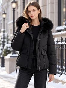 Women Hooded Faux Fur Trim Puffer Coat, Solid Black Zip Front Flap Pocket Drawstring Hem Short Winter Padded Jacket - Black - View 6
