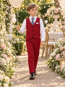 New Boys' Suit Set, Flower Boy Wedding Outfit, British Style Boys' Formal Suit 3 Pieces Set With Vest, Pants And Tie - Red - View 1