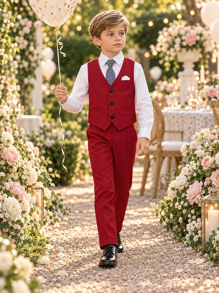 New Boys' Suit Set, Flower Boy Wedding Outfit, British Style Boys' Formal Suit 3 Pieces Set With Vest, Pants And Tie - Red - View 1