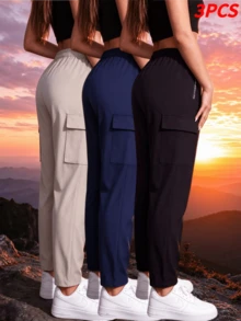 Women's Drawstring Elastic Waist Cargo Sweatpants, Straight Leg Multi-Pocket Fitness Jogging Long Pants - Black - View 6