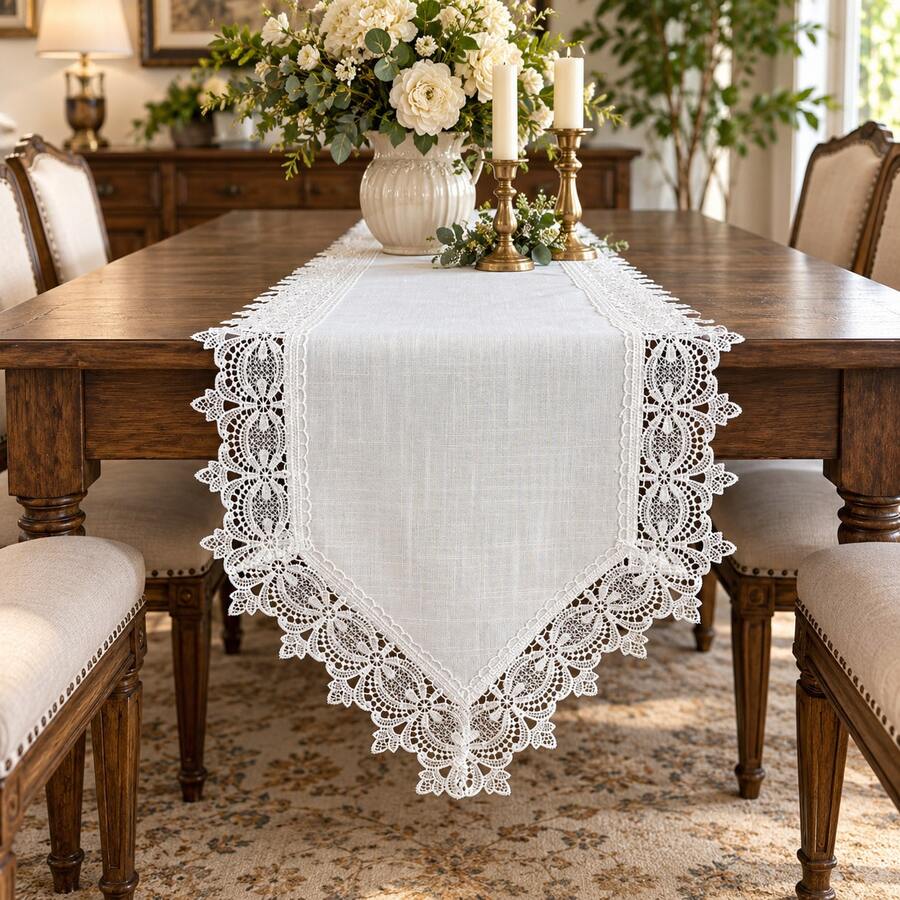 1 cái khăn trải bàn ren phong cách vintage farmhouse thêu họa tiết, viền ren hoa thanh lịch, trang trí bàn ăn kiểu Pháp mộc mạc cho đám cưới, tiệc cô dâu, tiệc tùng và trang trí nhà cửa - trắng - Xem 1