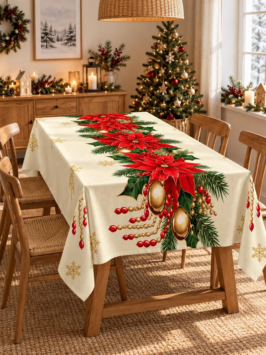 1pc Christmas Rectangular Tablecloth, Cream White With Red Poinsettia ...