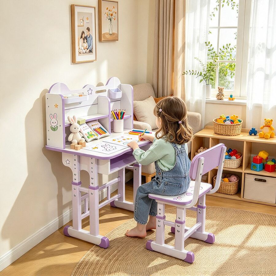 Kids' Desk And Chair Set With Adjustable Shelves - Purple - View 1