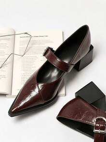 Women's Pointed Toe Chunky High Heel Mary Jane Shoes, Ruched Faux Leather Buckle Dress Shoes - Brown - View 2