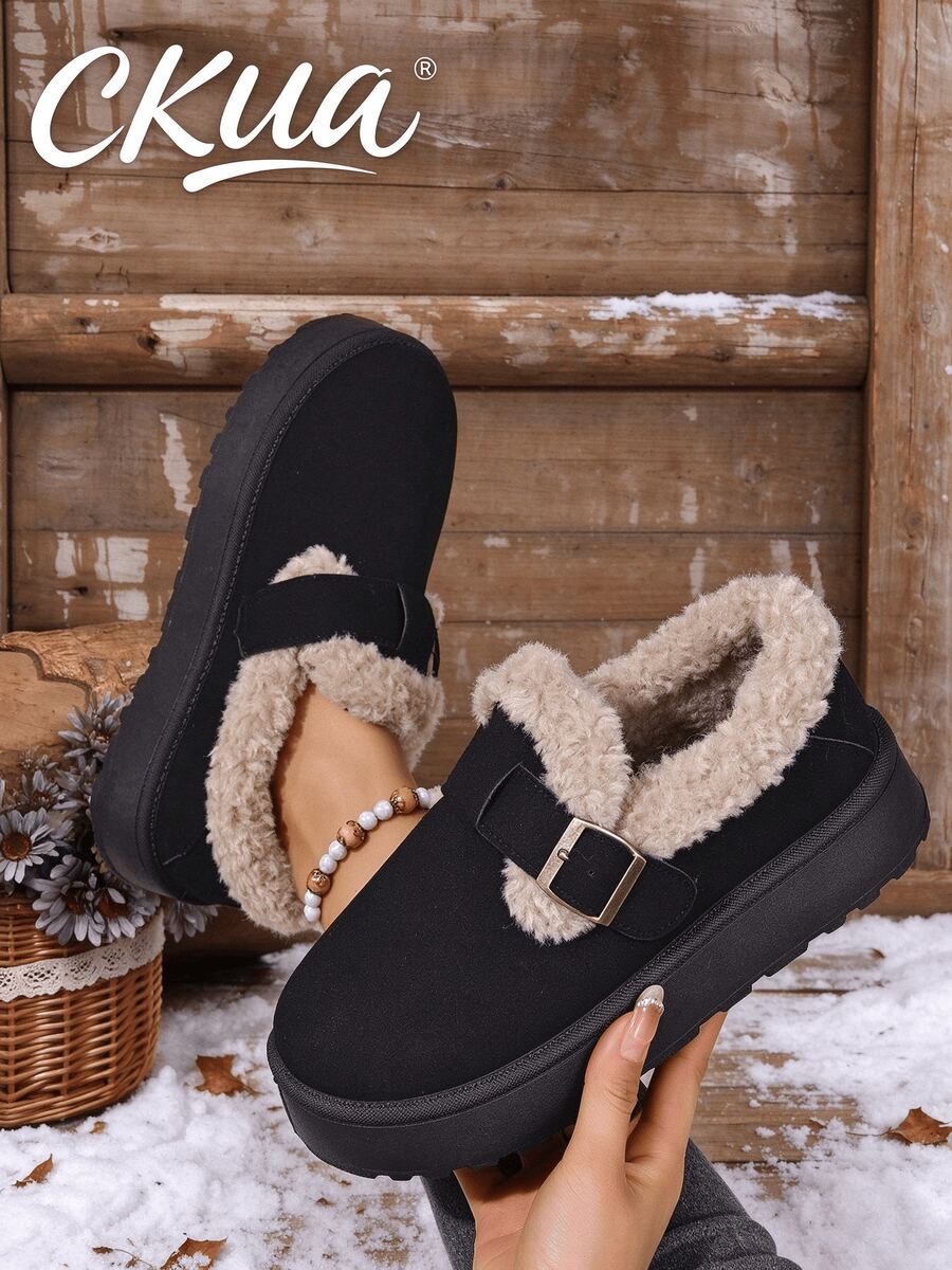 Women's Furry Slip-On Snow Boots With Thick Sole, Platform, Warm Lining, Closed Toe, New Arrival 2025 Winter