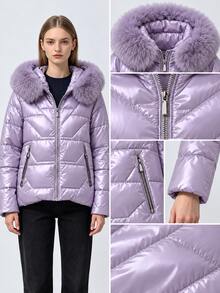 Women's Shiny Puffer Jacket With Faux Fur Hood, Zip Front Quilted Short Winter Coat, Warm Outerwear With Zipper Pockets - Purple - View 2