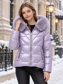 Women's Shiny Puffer Jacket With Faux Fur Hood, Zip Front Quilted Short Winter Coat, Warm Outerwear With Zipper Pockets - Purple - View 3
