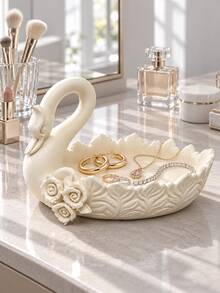1pc Swan Ring Tray, Carved Rose & Feather Style, Fashion Jewelry Storage Rack, Suitable For Earrings, Rings And Necklaces, Vanity, Bathroom Countertop And Bedside Storage Decor Tray, Jewelry Tray, Ring Holder, Vanity Decor, Creative Gift - Multicolor - View 9