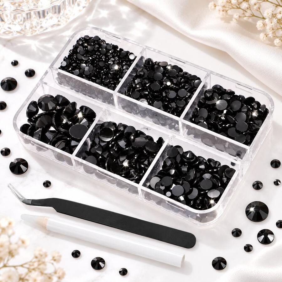 Boxed Black Tone Multi-Size Flat Back Rhinestones, Mixed Glass Rhinestones With Tweezers And Dotting Pen, Nail Art Rhinestones, Clothing, Bags, Phone Cases, Resin Crafts DIY Decoration Small Black Rhinestones - 6-compartment Black A27 Mixed Size Resin Rhinestones + Tweezers - View 1