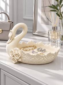 1pc Swan Ring Tray, Carved Rose & Feather Style, Fashion Jewelry Storage Rack, Suitable For Earrings, Rings And Necklaces, Vanity, Bathroom Countertop And Bedside Storage Decor Tray, Jewelry Tray, Ring Holder, Vanity Decor, Creative Gift - Multicolor - View 4