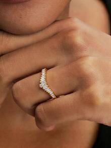 1PC Gold Luxury White Gemstone Ring, Crown Baguette V‑Curve Stackable Ring, Ladies' Exquisite Holiday Party Gift - Yellow Gold - View 1