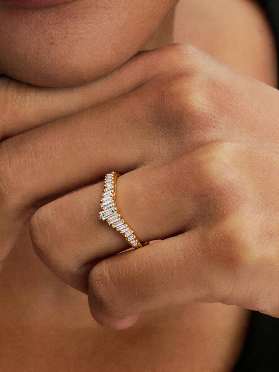 1PC Gold Luxury White Gemstone Ring, Crown Baguette V‑Curve Stackable Ring, Ladies' Exquisite Holiday Party Gift - Yellow Gold - View 1